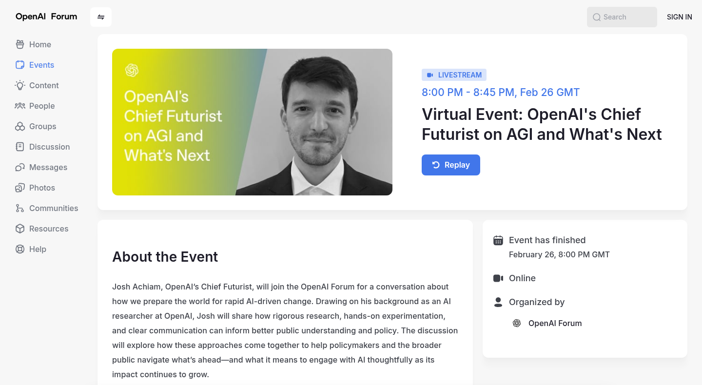 Страница OpenAI Forum с событием OpenAI's Chief Futurist on AGI and What's Next и ролью Joshua Achiam