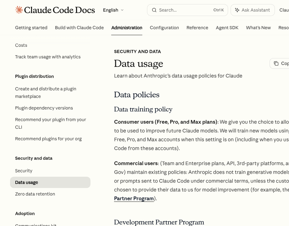 Официальная документация Anthropic Claude Code Data usage