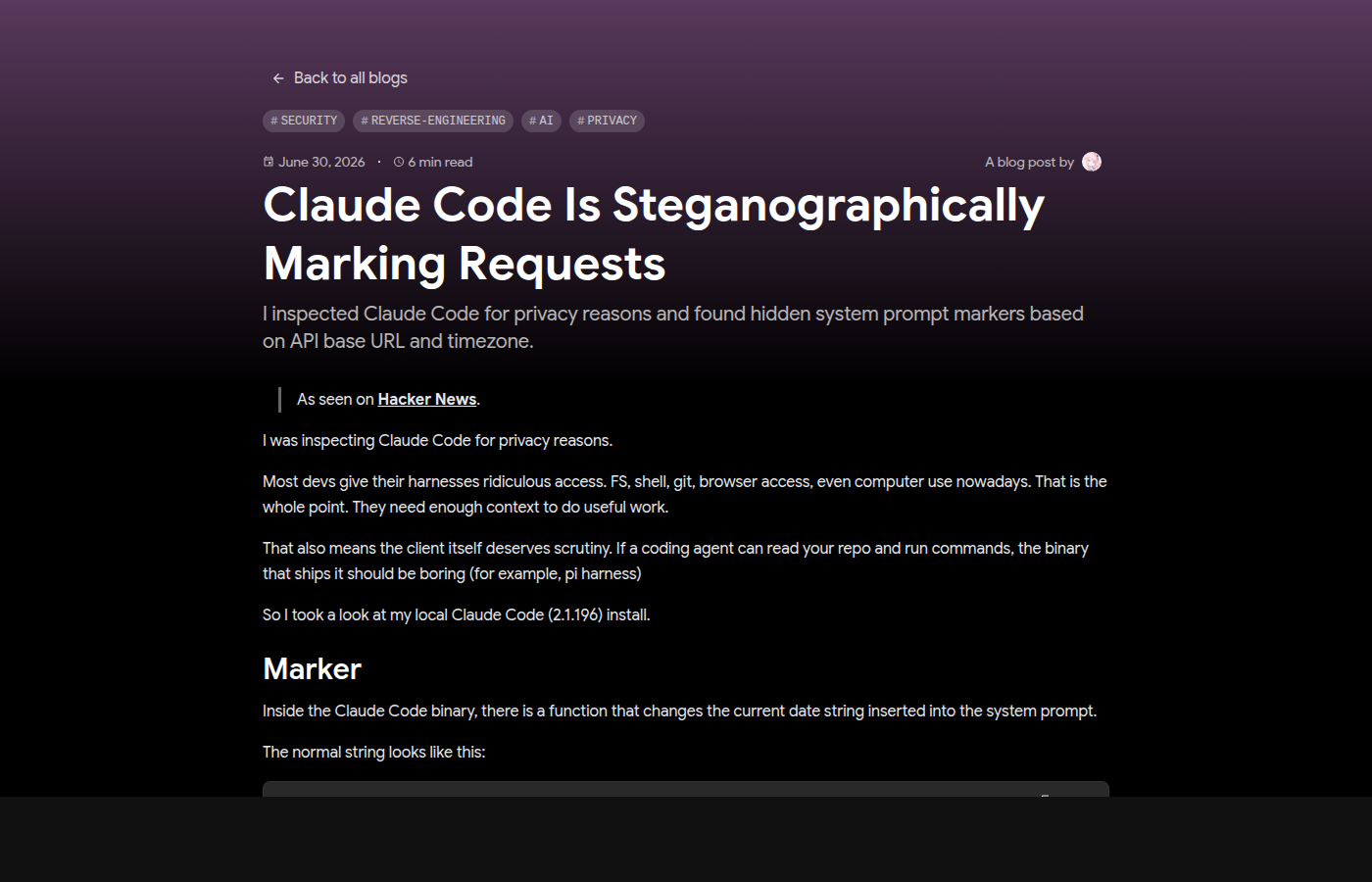 Пост Thereallo о скрытых маркерах в запросах Claude Code