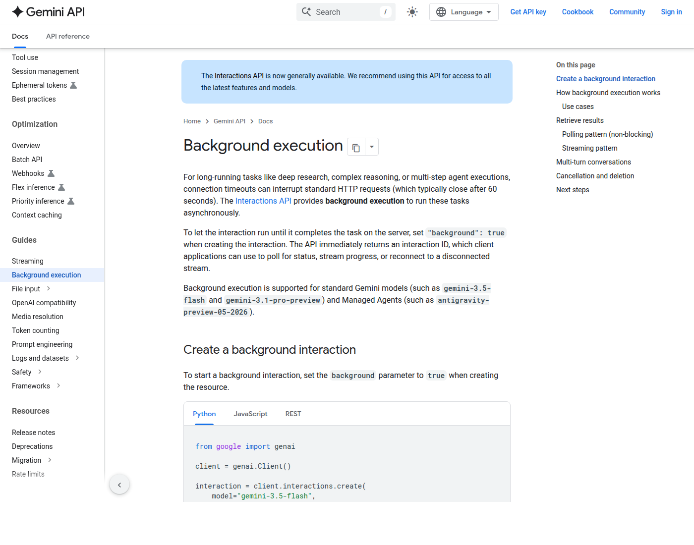 Страница документации Google AI с описанием background execution в Gemini API