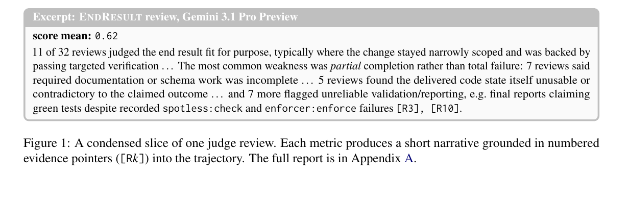 Фрагмент официального PDF AgentLens с примером LLM-written trajectory review для метрики EndResult