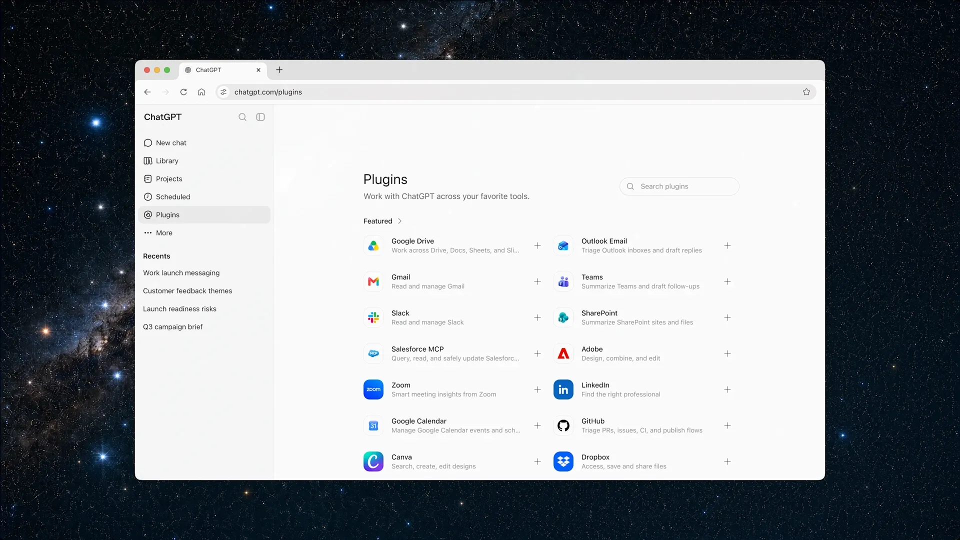 Каталог плагинов ChatGPT Work с Google Drive, Gmail, Slack, Teams, SharePoint и Salesforce