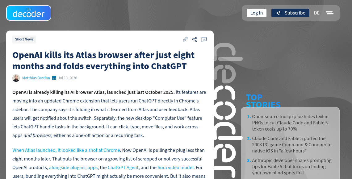 Скриншот статьи The Decoder о закрытии браузера OpenAI Atlas