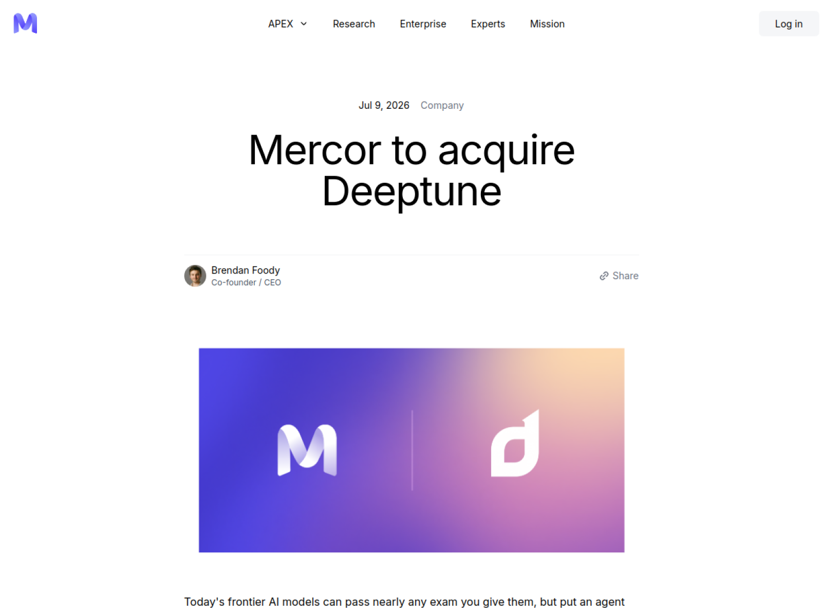 Скриншот официального блога Mercor о покупке Deeptune