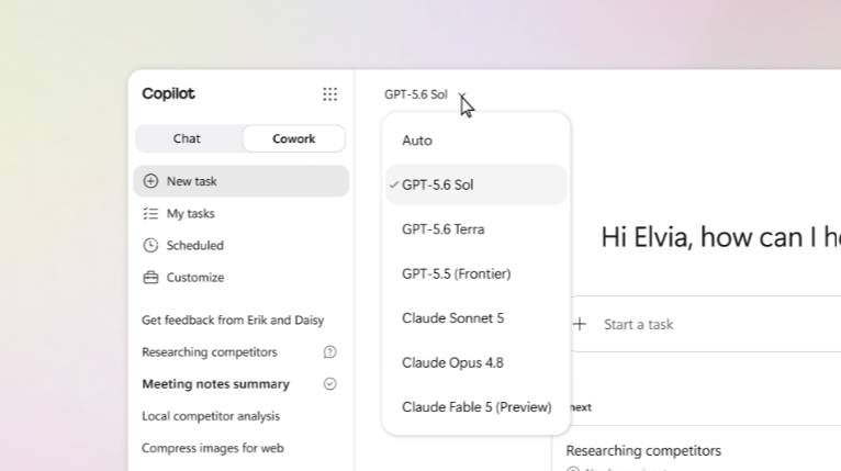 Скриншот Microsoft 365 Copilot с выбором GPT-5.6 Sol в Copilot Cowork