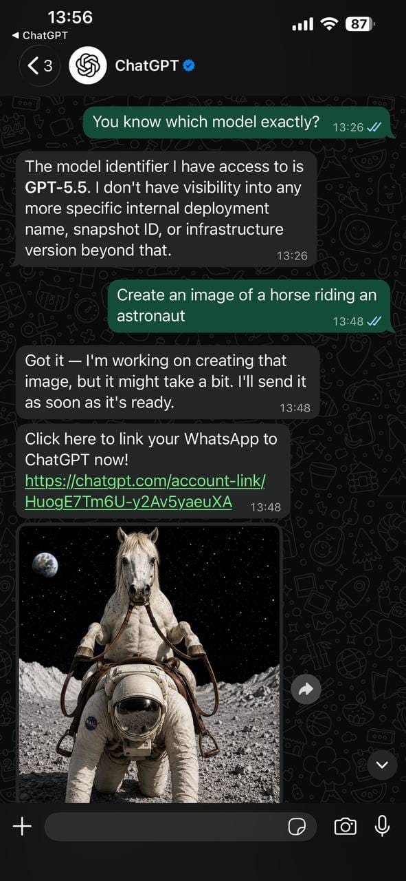 Скриншот ChatGPT в WhatsApp в Европе с генерацией изображения