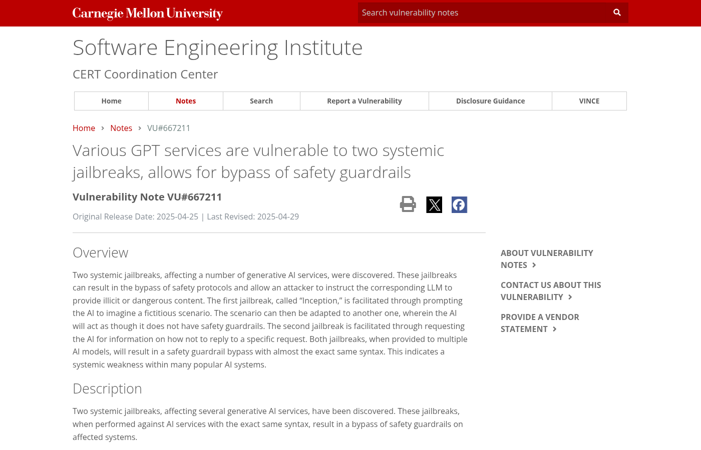 Скриншот CERT/CC Vulnerability Note VU#667211 о системных jailbreak-уязвимостях LLM