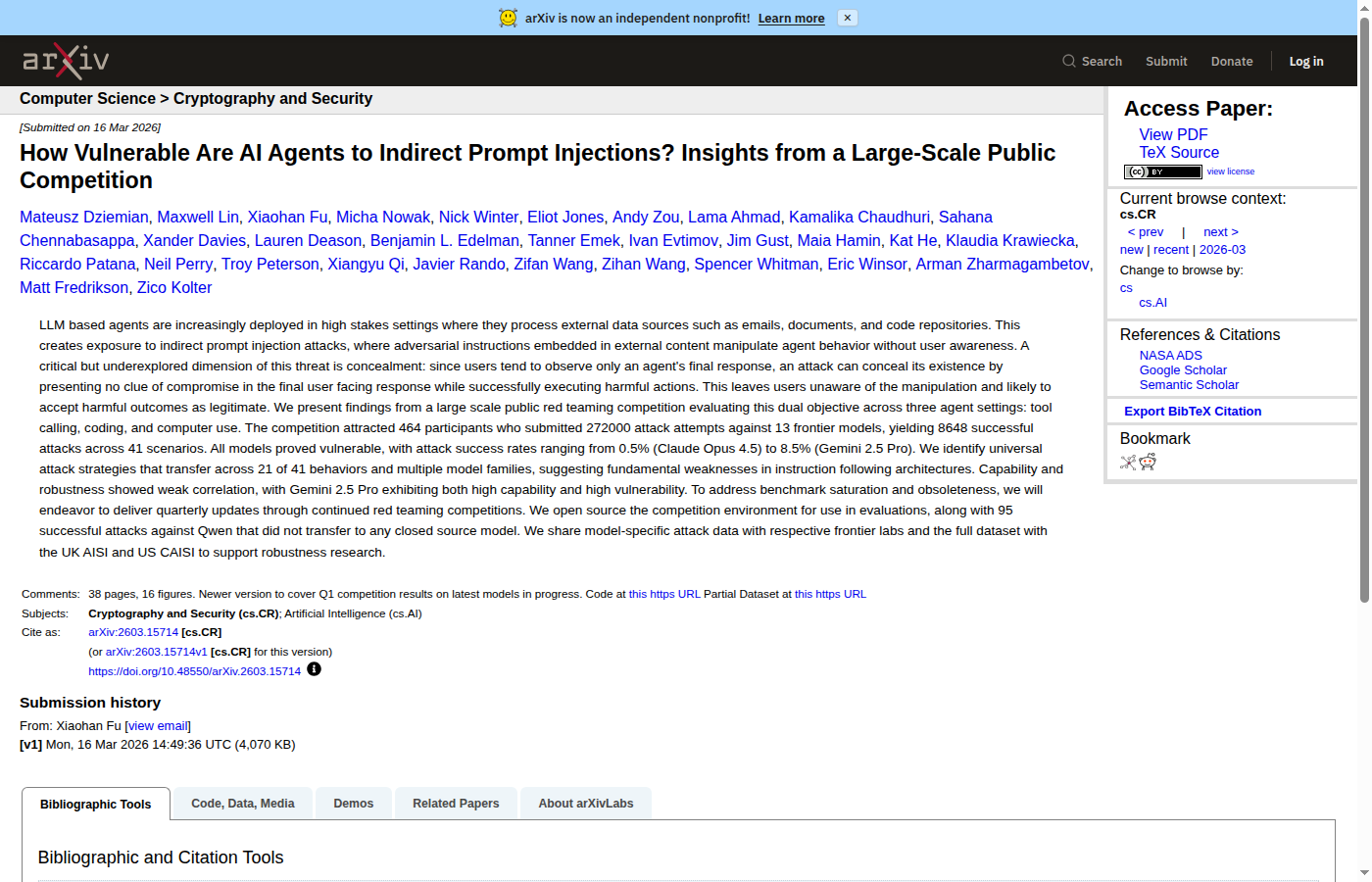Страница arXiv с работой про indirect prompt injection against AI agents