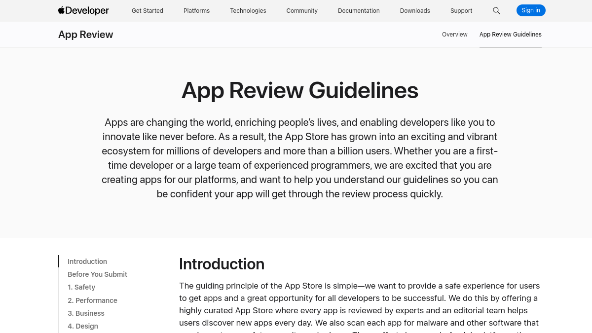 Официальная страница App Review Guidelines с правилами проверки приложений Apple