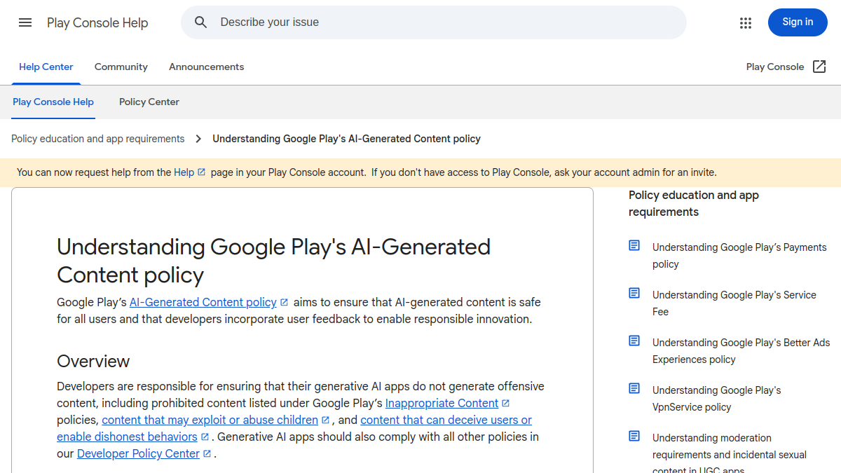 Официальная страница политики Google Play для контента, созданного искусственным интеллектом
