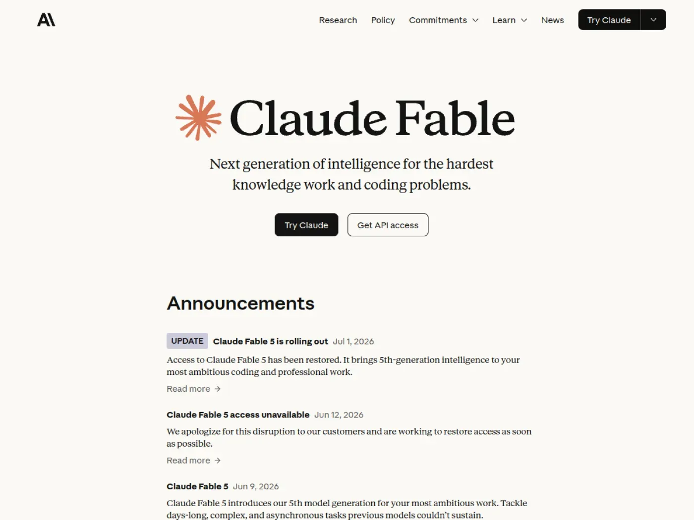 Официальная страница Claude Fable 5 на сайте Anthropic