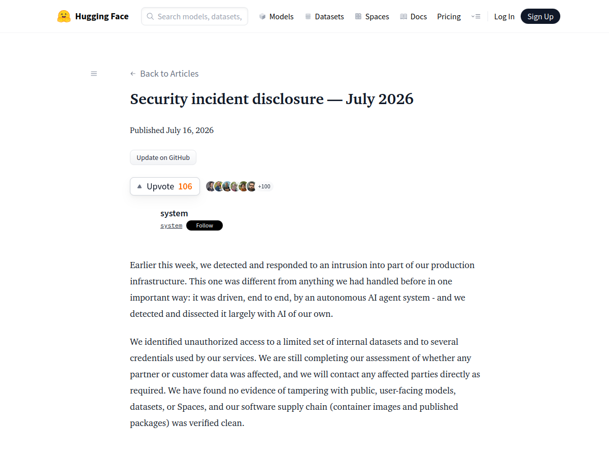 Раскрытие Hugging Face об инциденте безопасности 16 июля 2026 года и границах подтверждённого ущерба