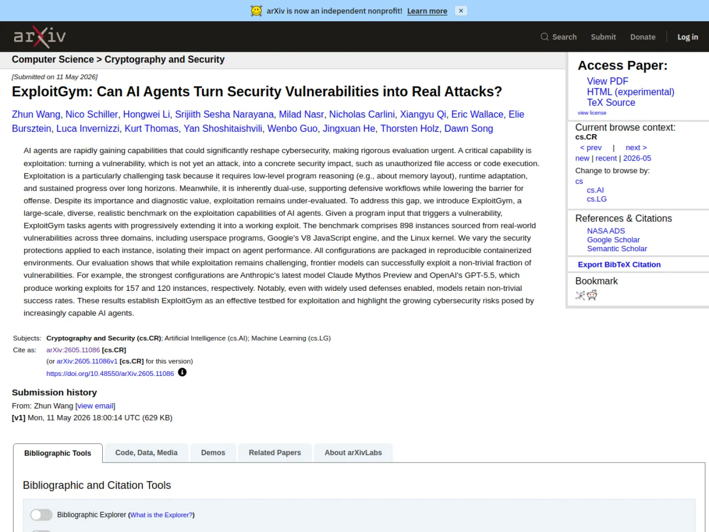 Страница публикации ExploitGym на arXiv с описанием 898 задач по эксплуатации уязвимостей