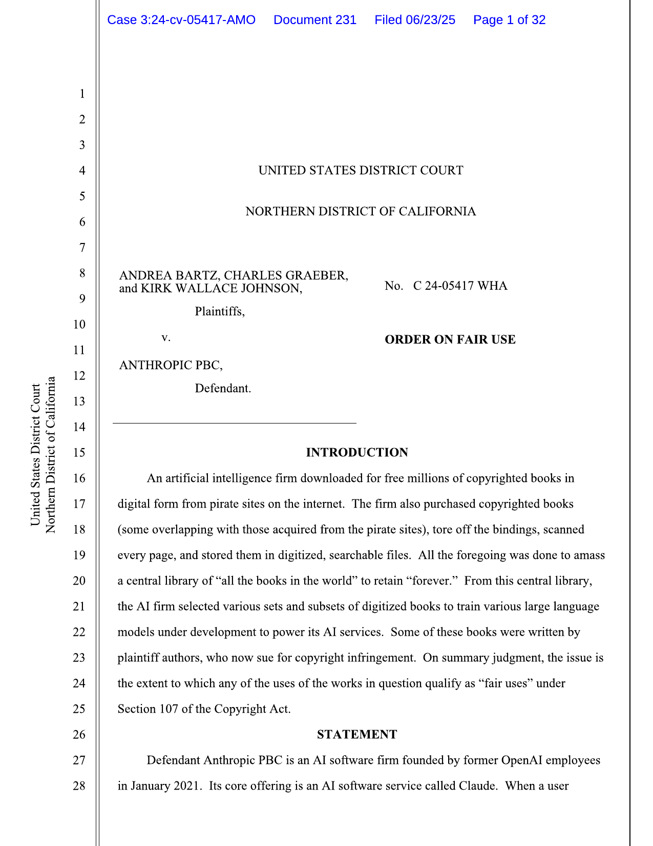 Первая страница судебного приказа о fair use по делу Bartz v. Anthropic от 23 июня 2025 года