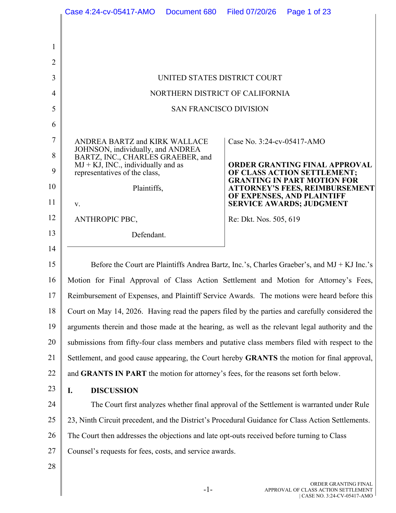 Первая страница финального судебного приказа по делу Bartz v. Anthropic от 20 июля 2026 года