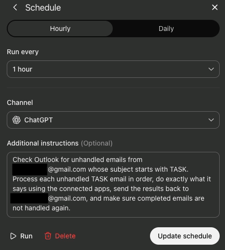 Расписание Workspace Agent с проверкой команд в Outlook