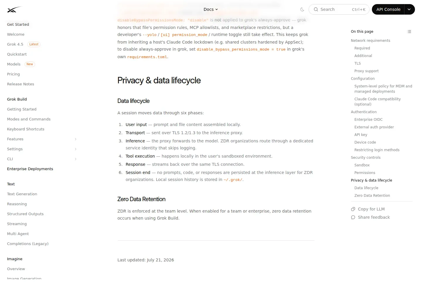 Документация xAI о жизненном цикле данных и Zero Data Retention в Grok Build