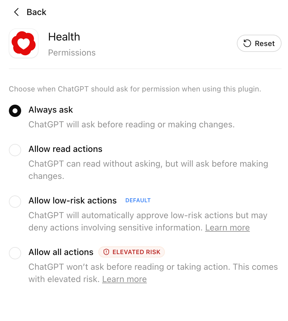 Настройки разрешений Health в ChatGPT с режимом Always ask