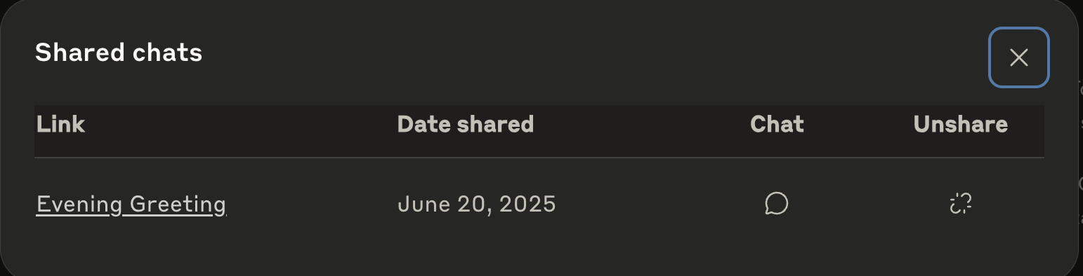 Окно Shared chats со списком общих ссылок и действием Unshare