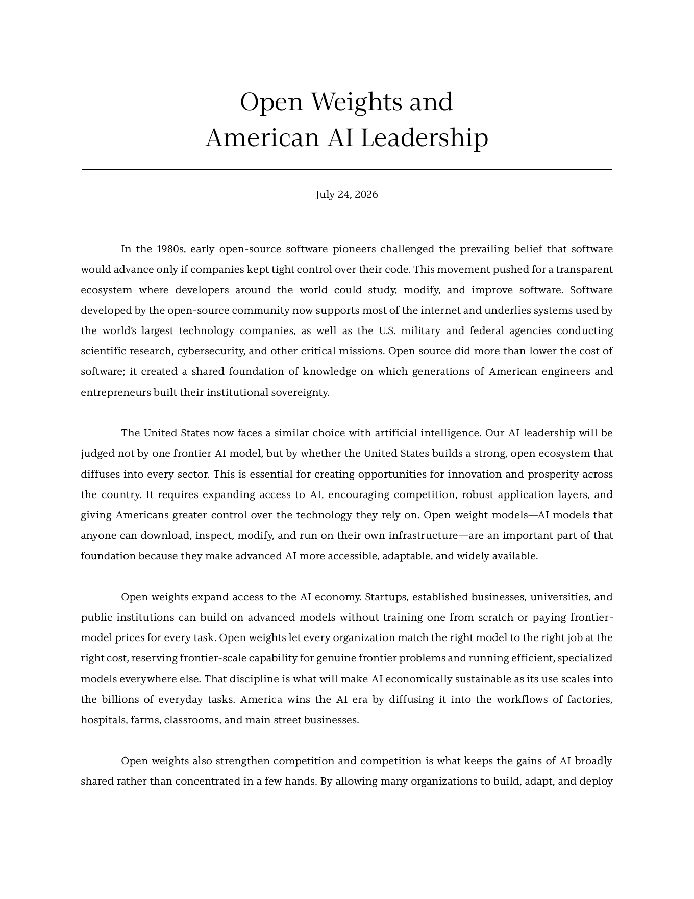 Первая страница письма Open Weights and American AI Leadership от 24 июля 2026 года