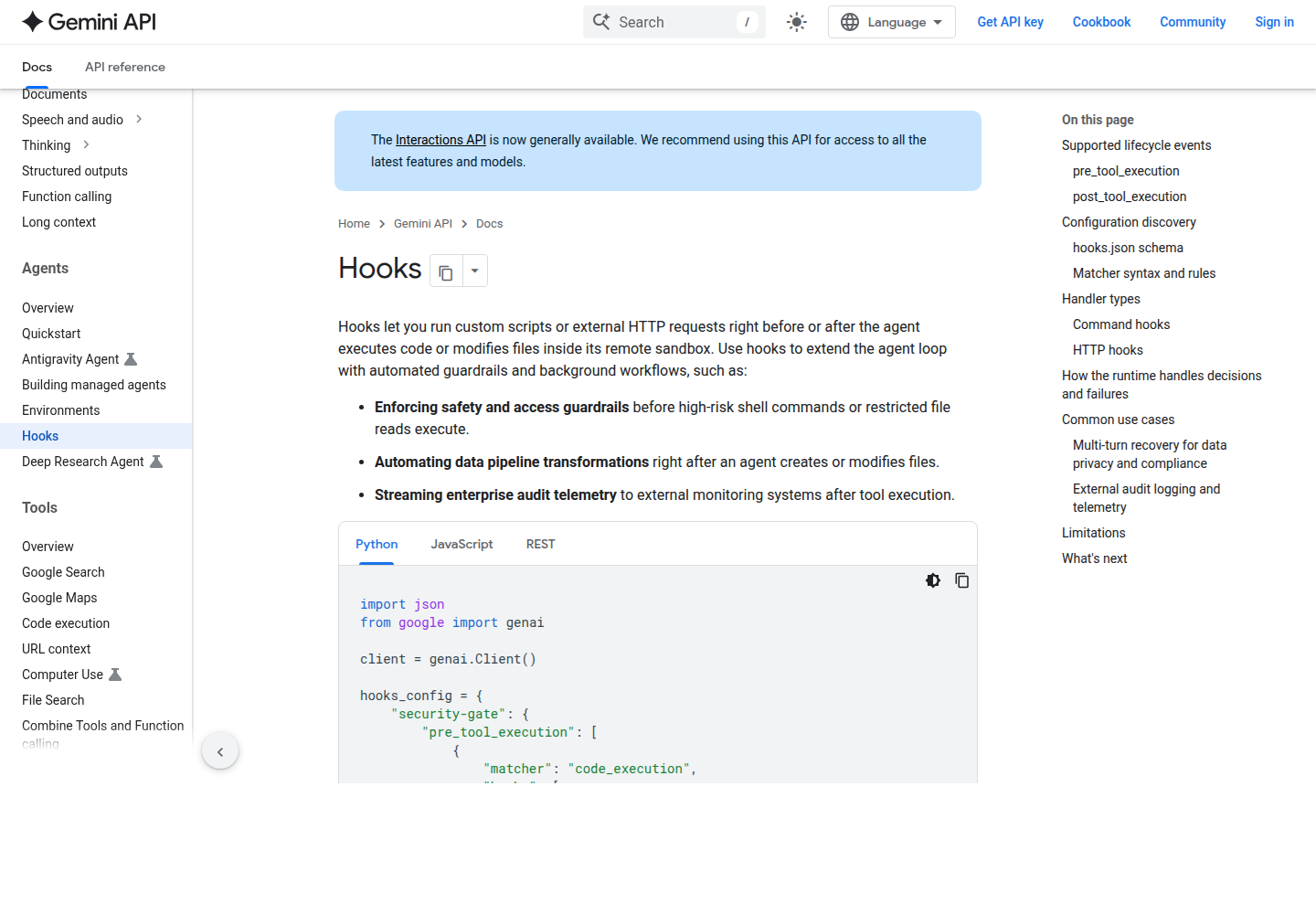 Официальная документация Google о hooks в Managed Agents Gemini API