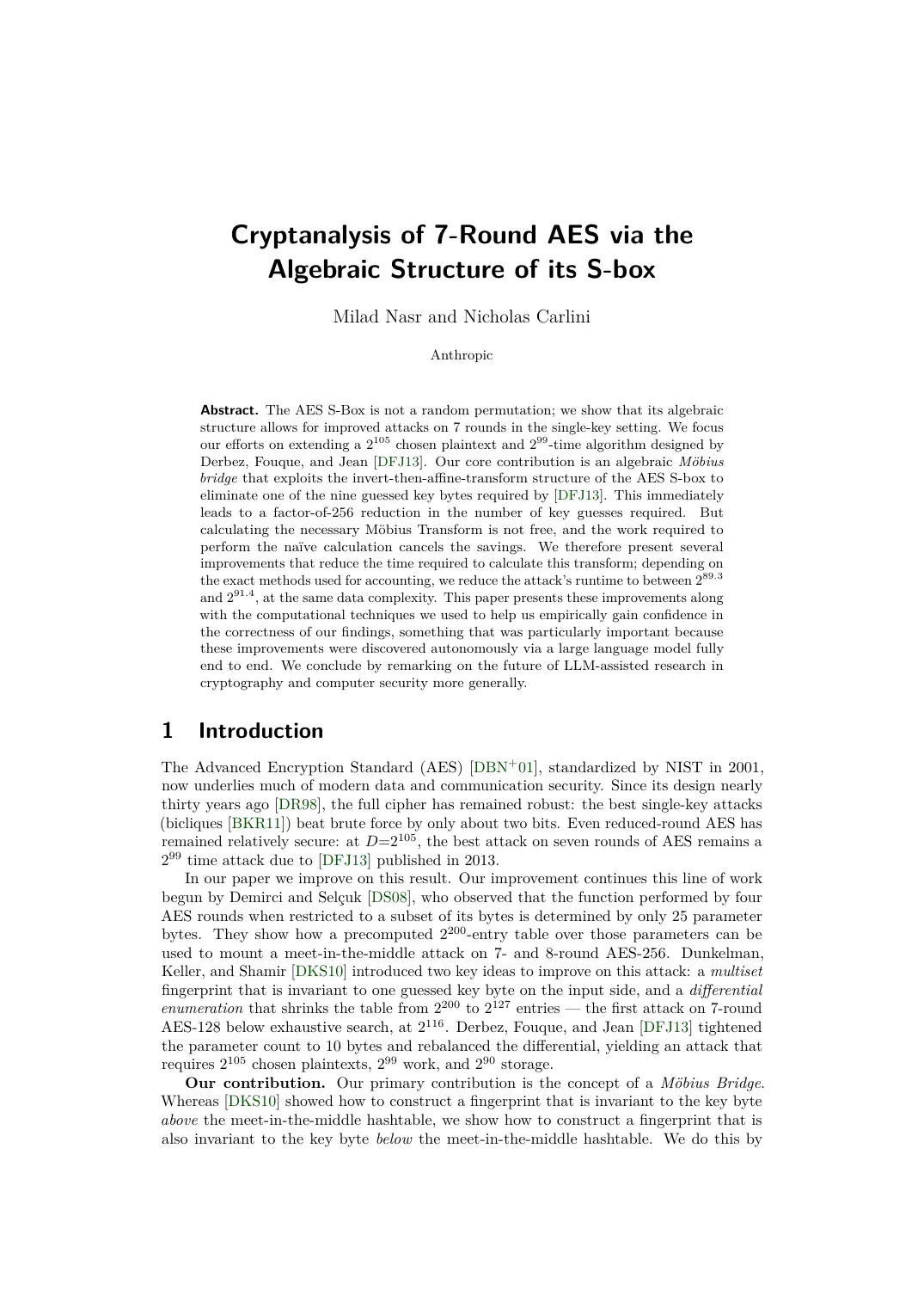 Первая страница технической работы Anthropic об атаке на 7-раундовый AES-128