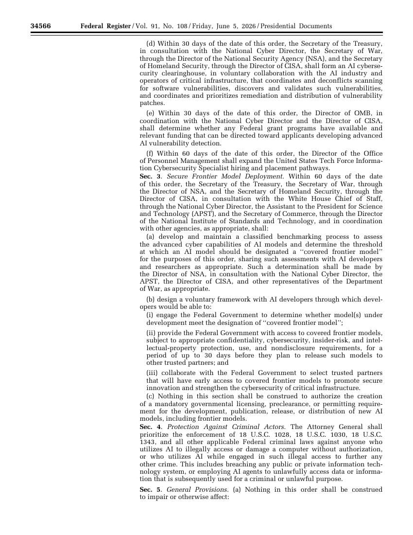 Раздел 3 указа США № 14409 с бенчмарком covered frontier model и добровольным доступом государства до релиза