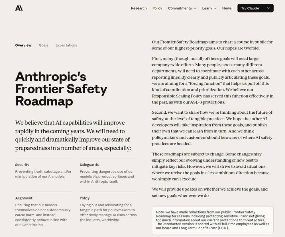 Официальная страница Anthropic Frontier Safety Roadmap о безопасности передового ИИ