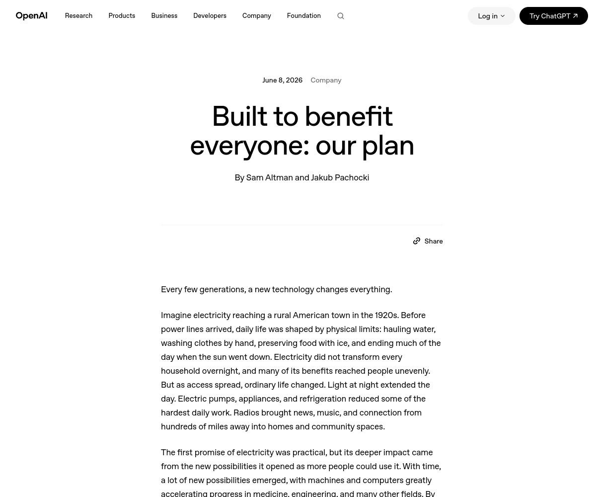 Официальная страница OpenAI с планом Built to benefit everyone: our plan