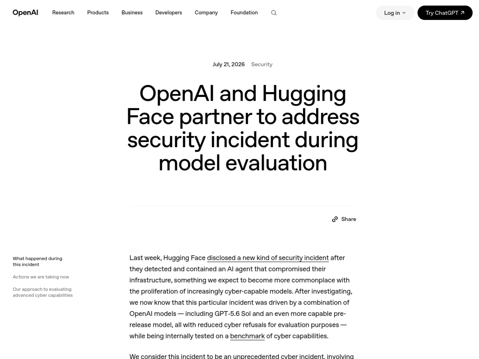 Официальная страница OpenAI о происшествии с Hugging Face во время оценки моделей