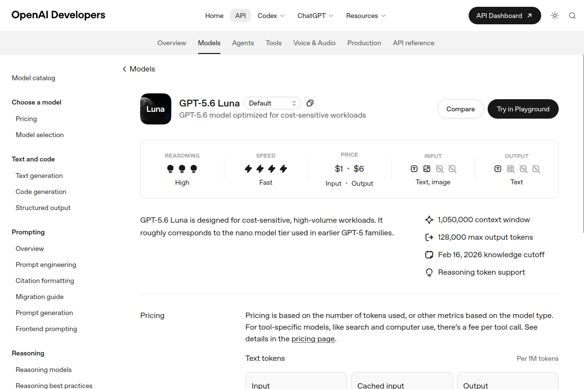 Официальная карточка модели GPT-5.6 Luna с текущими тарифами API