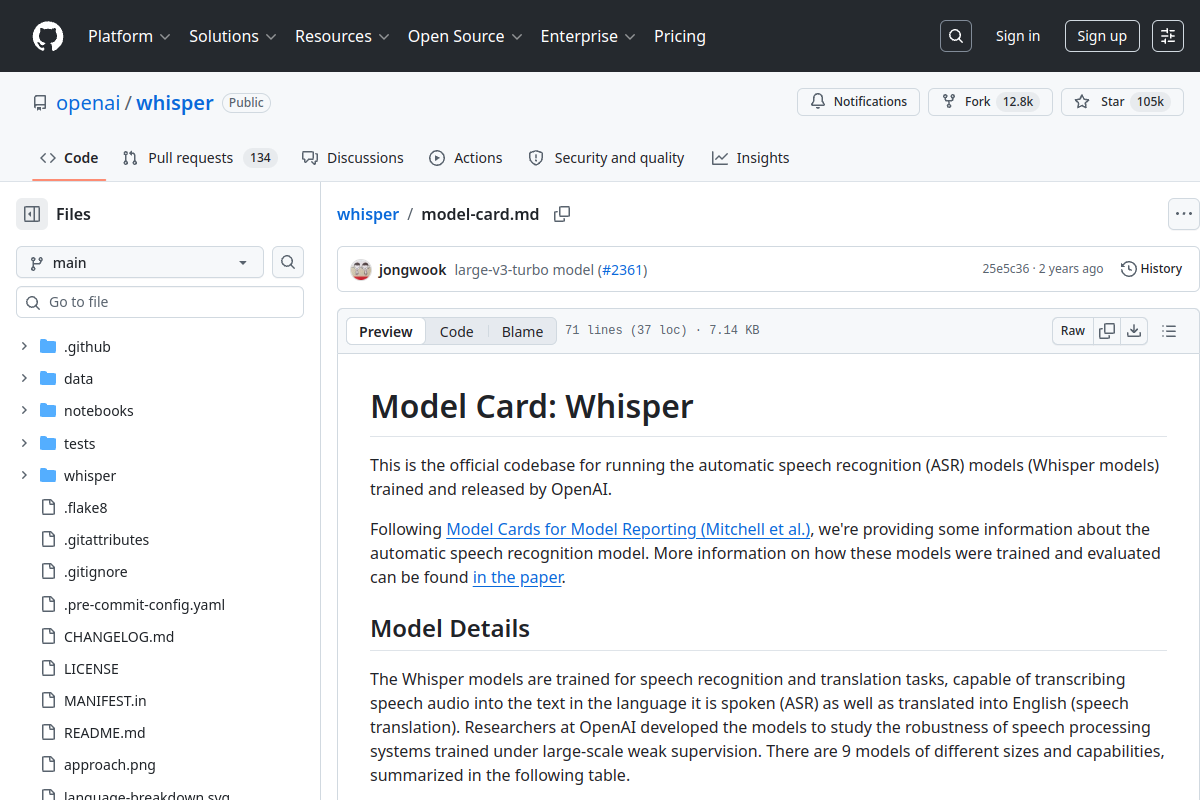 Официальная model card Whisper в репозитории OpenAI