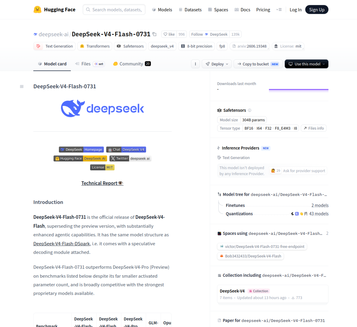 Карточка DeepSeek V4-Flash-0731 на Hugging Face с официальным описанием и меткой 304B параметров