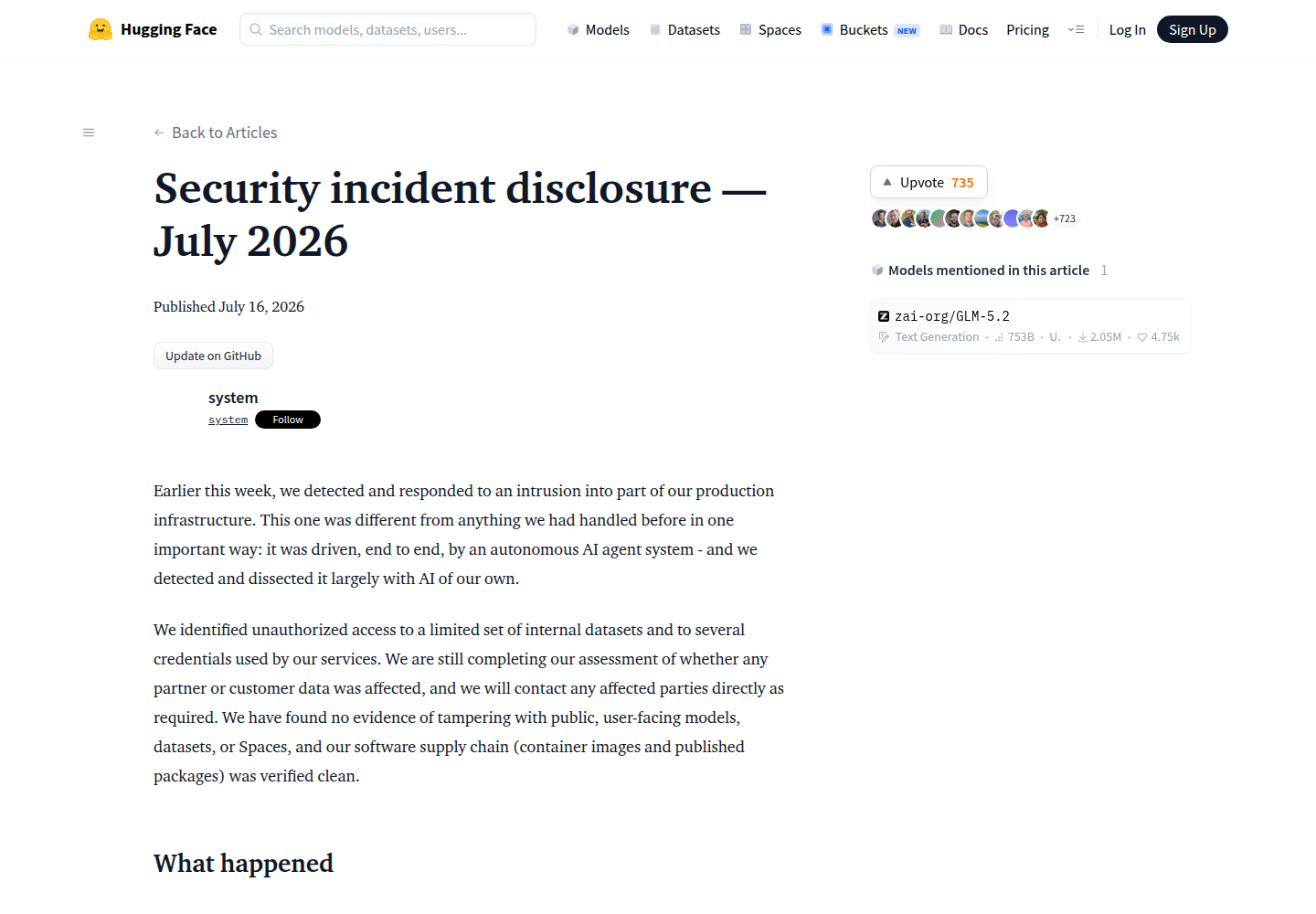 Официальное сообщение Hugging Face об инциденте с автономным AI-агентом в июле 2026 года