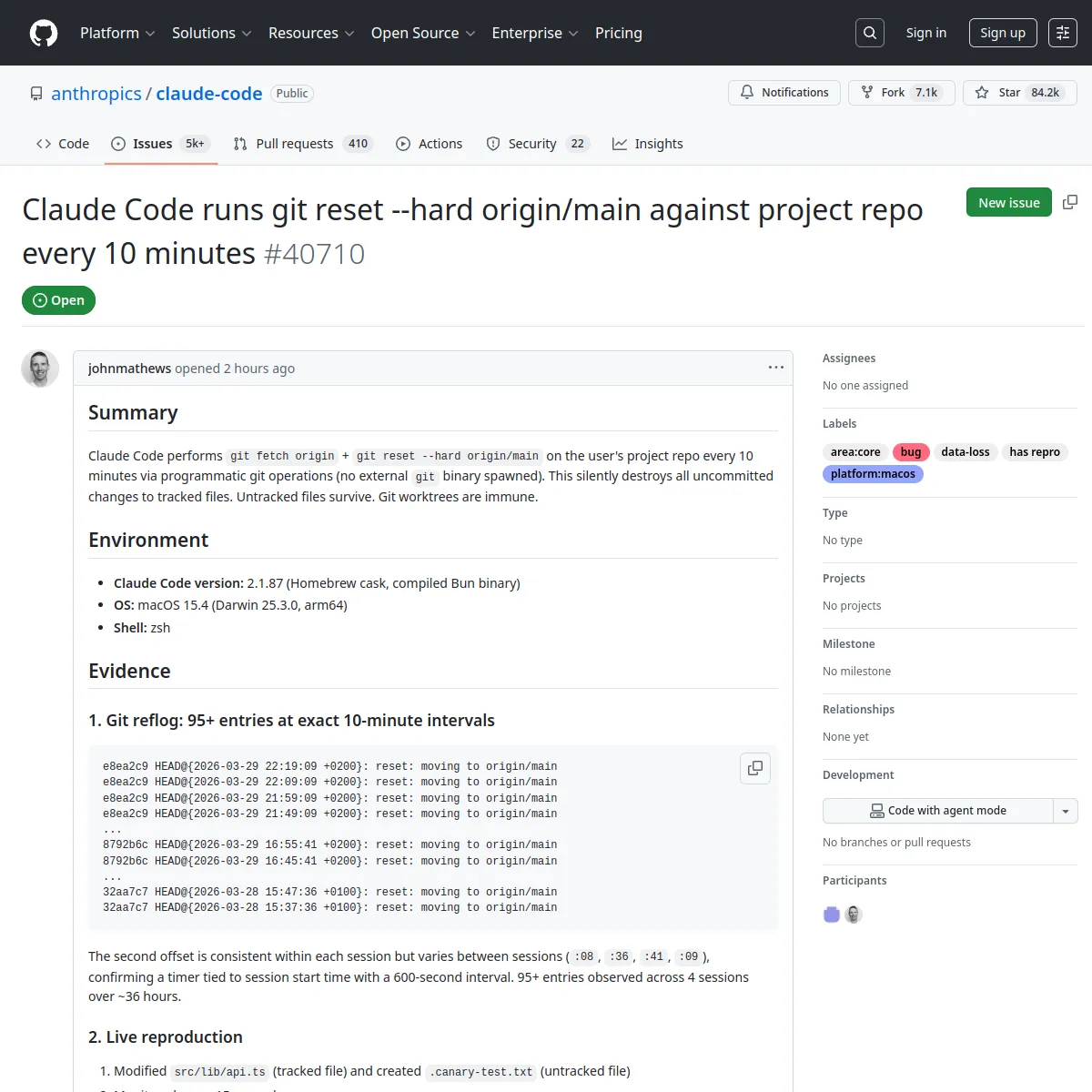 Claude Code уничтожает незафиксированный код каждые 10 минут — критический баг версии 2.1.87