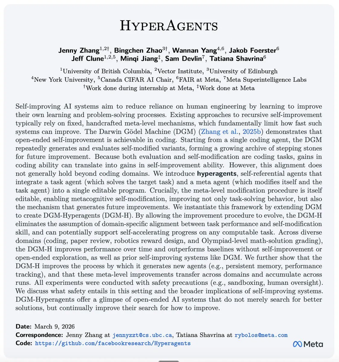 Hyperagents: ИИ, который улучшает сам механизм самосовершенствования