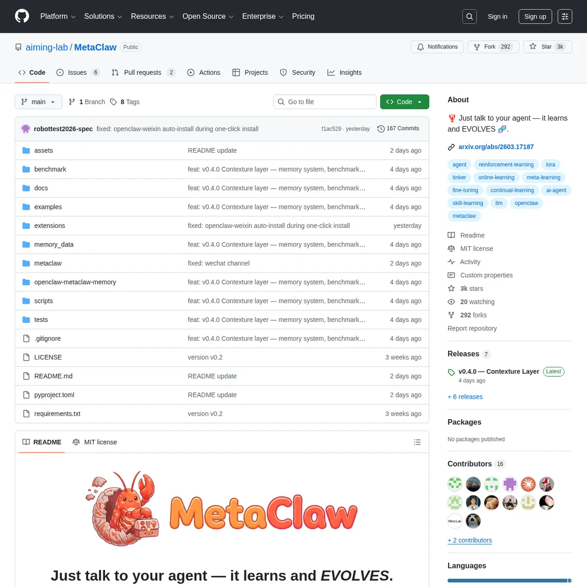 MetaClaw: фреймворк для непрерывного обучения ИИ-агентов — GitHub-репозиторий