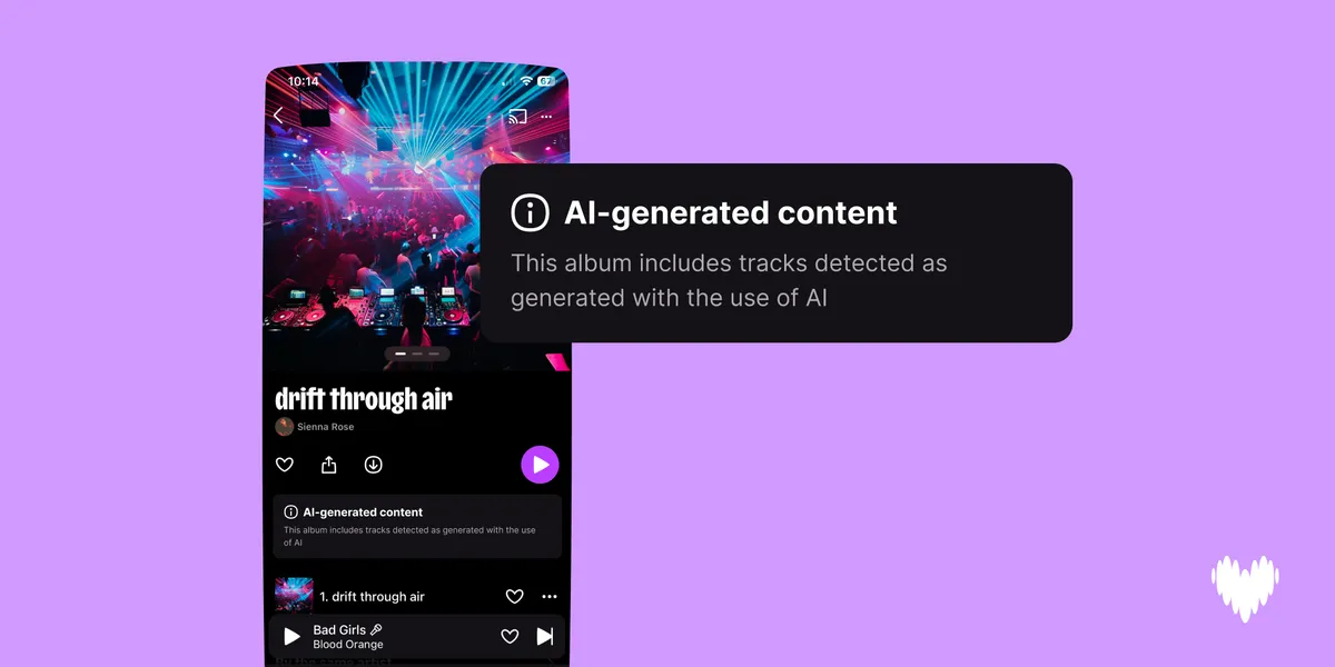 Deezer AI music fraud: интерфейс с пометкой AI-generated content на альбоме