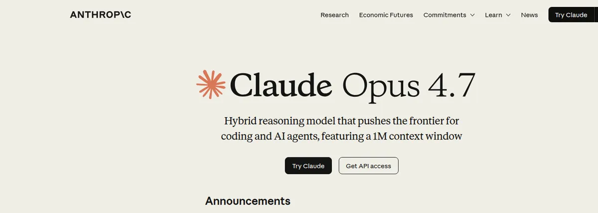 Официальная страница Claude Opus 4.7 с описанием модели для кода и AI-агентов