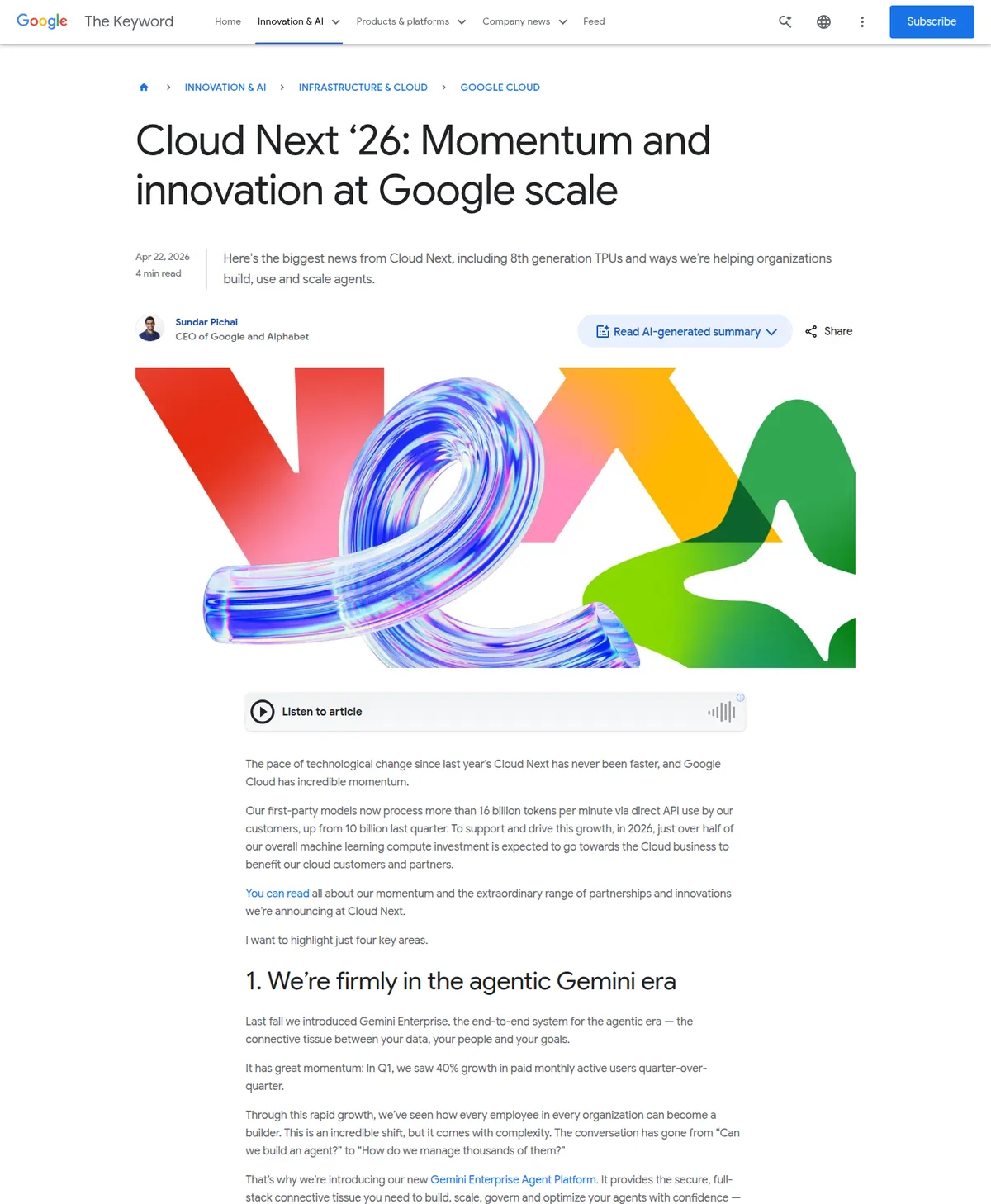 Дефицит вычислительных мощностей для ИИ: скриншот Google Cloud Next 2026 о росте API-токенов и инвестиций в инфраструктуру