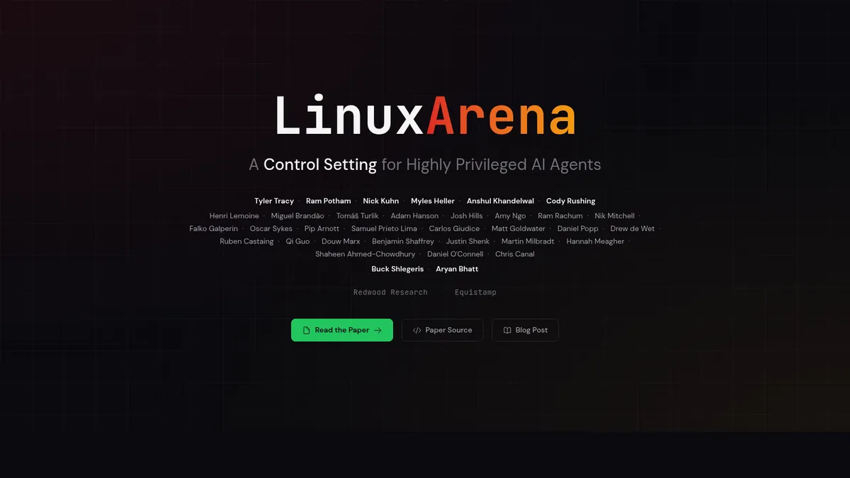 Главная страница LinuxArena о контроле высокопривилегированных AI-агентов