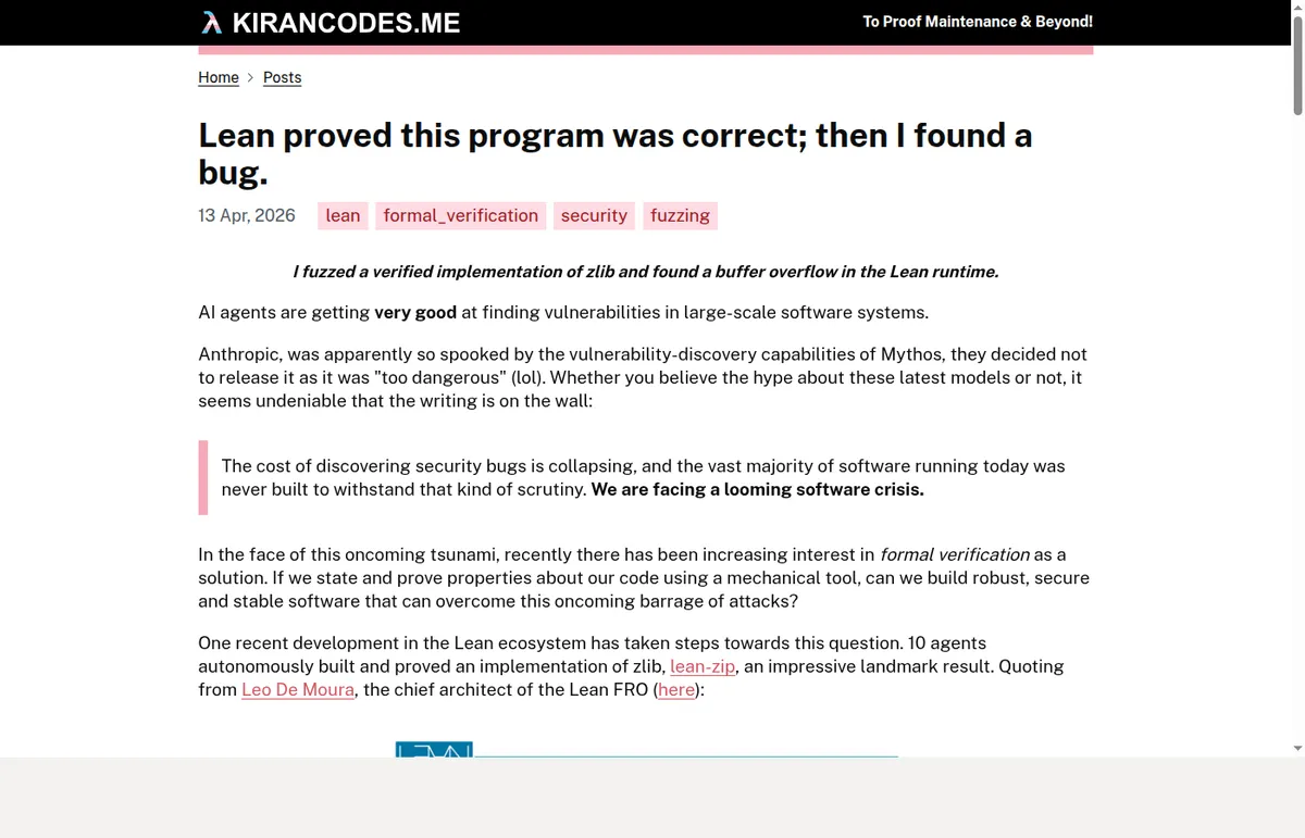 Скриншот статьи Kiran Codes о Lean, формальной верификации и найденном баге в среде выполнения