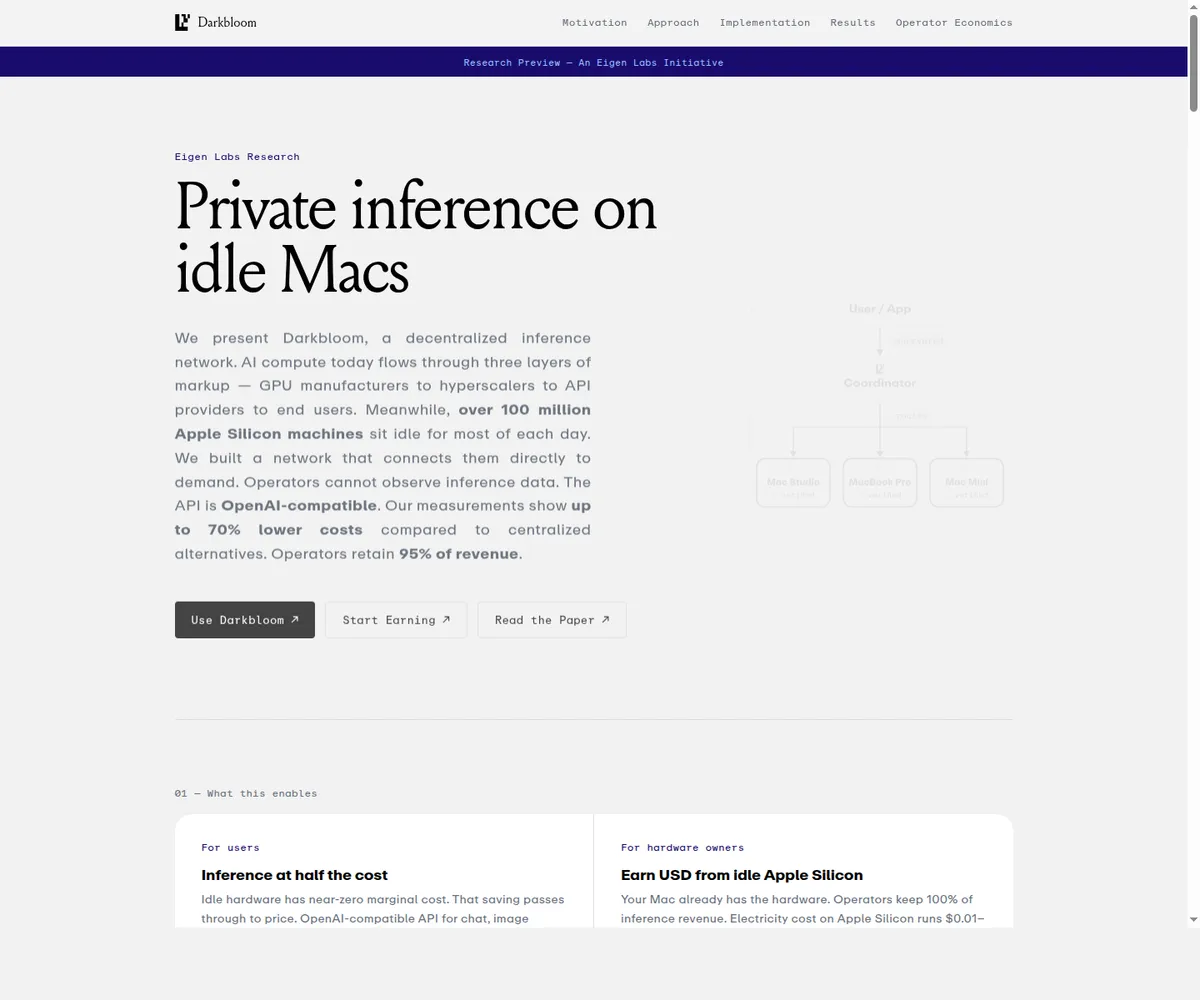 Страница Darkbloom с тезисом Private inference on idle Macs