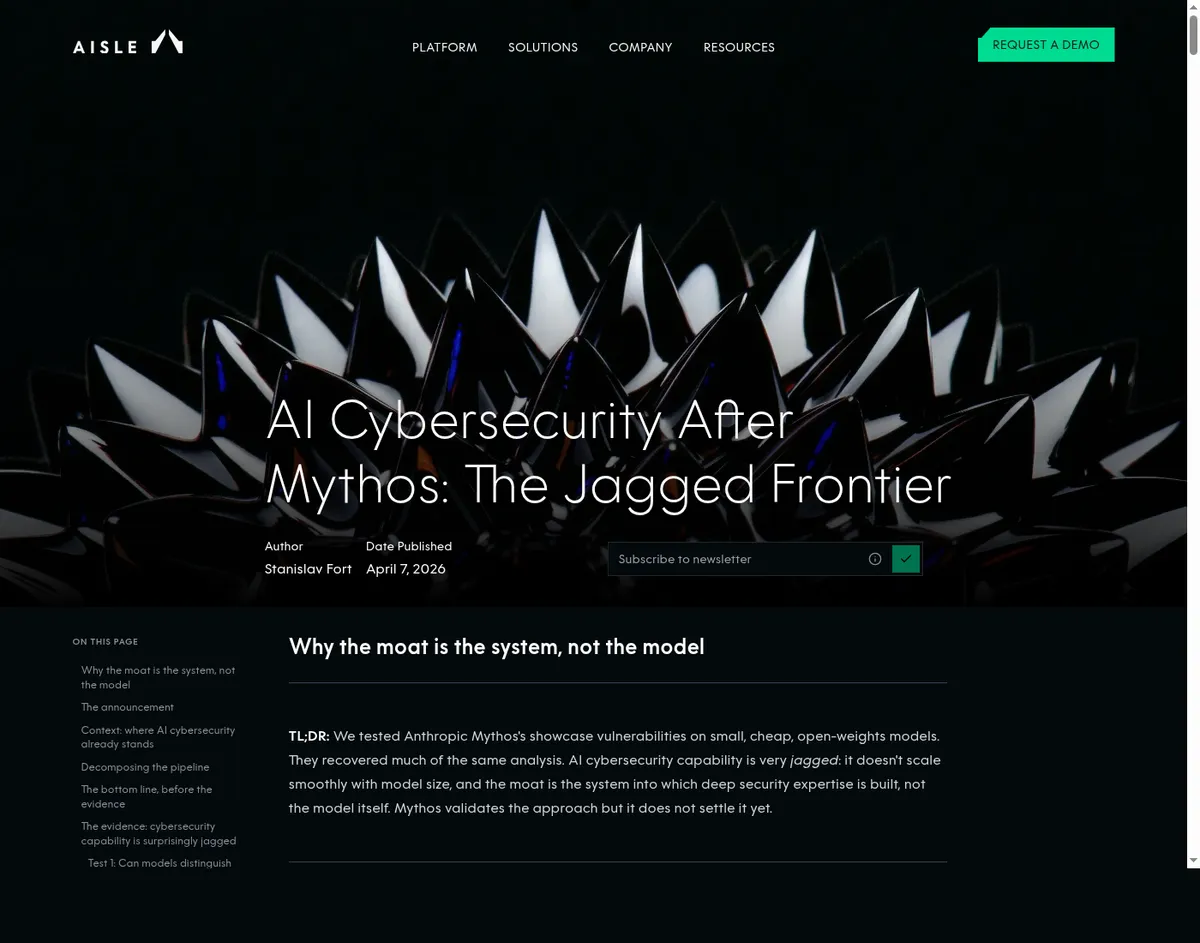 Страница AISLE с разбором AI Cybersecurity After Mythos: The Jagged Frontier