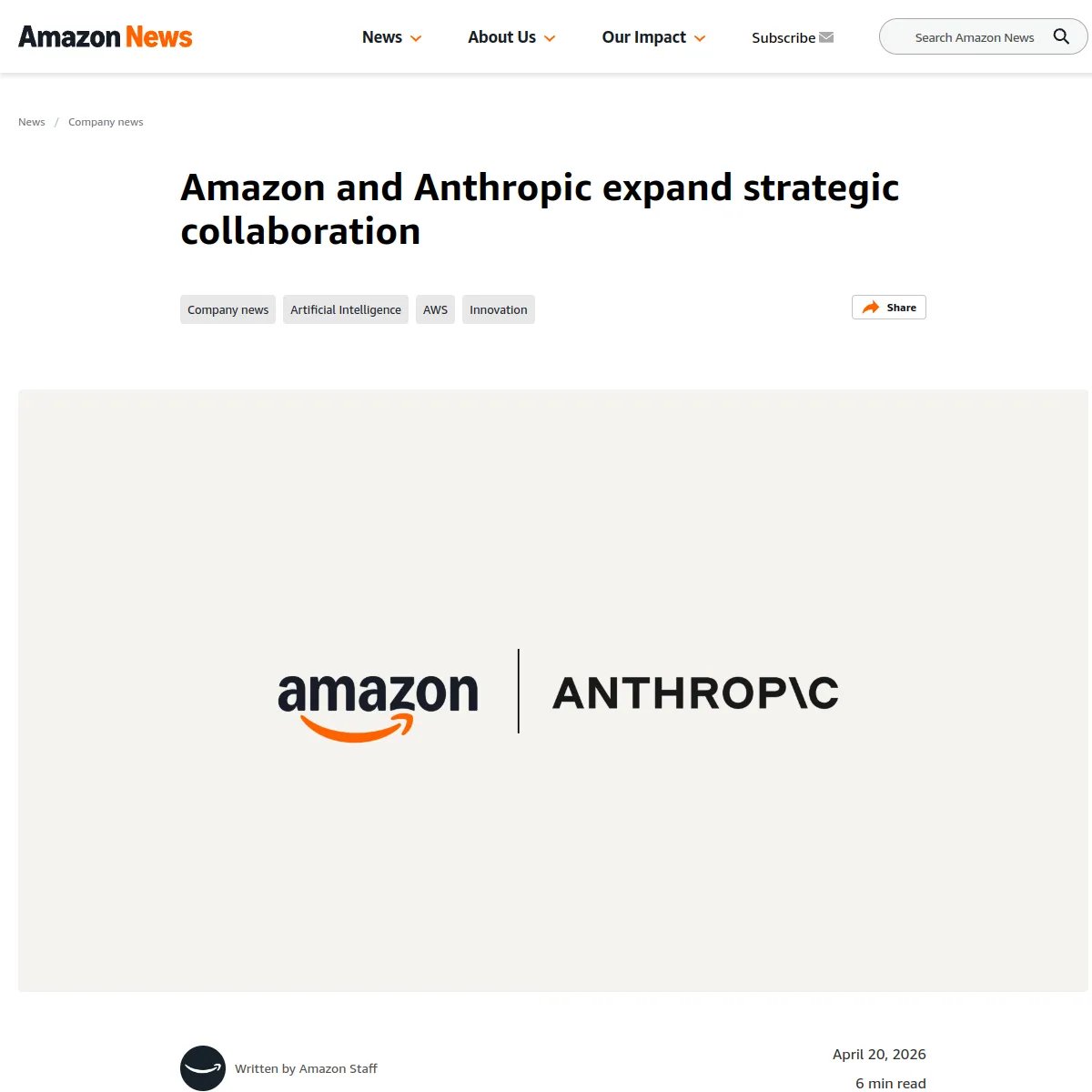Скриншот Amazon News с заголовком о расширении сотрудничества Amazon и Anthropic