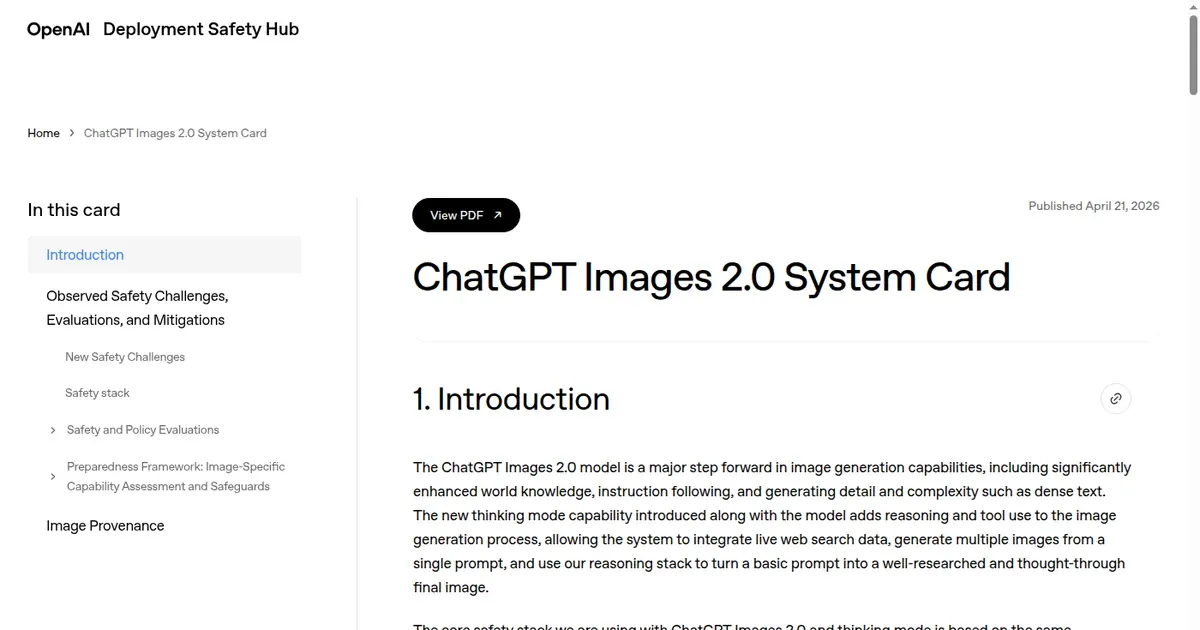 Системная карта OpenAI ChatGPT Images 2.0 в Deployment Safety Hub