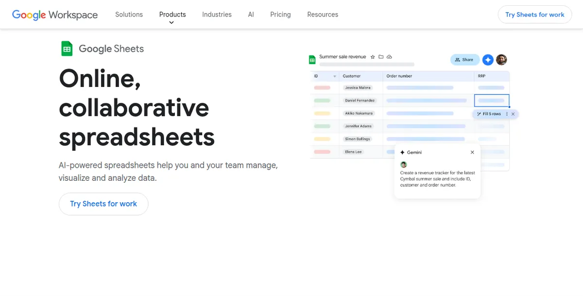 Официальная страница Google Sheets с интерфейсом таблицы и AI-функциями