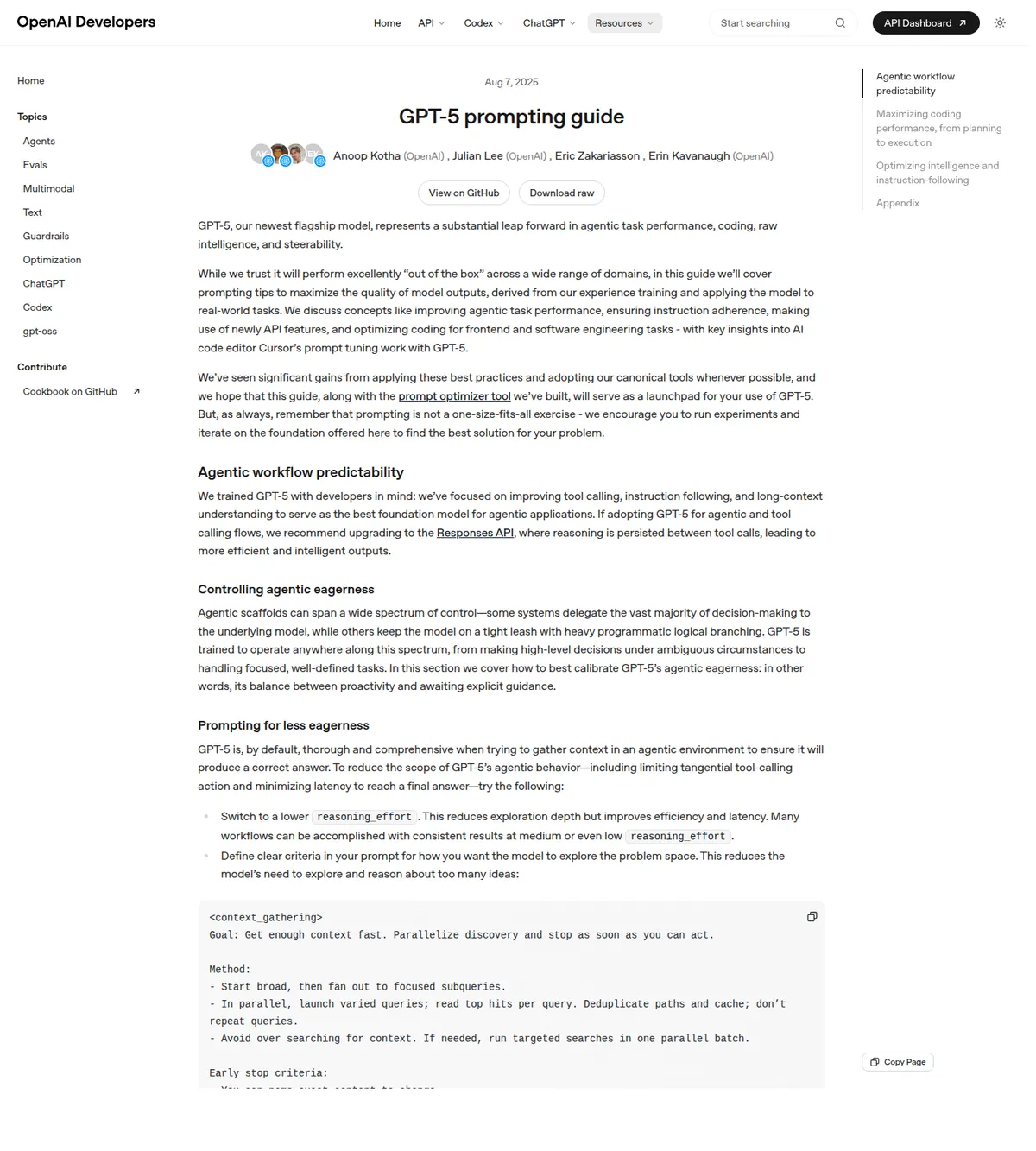 Скриншот страницы OpenAI Developers GPT-5 Prompting Guide