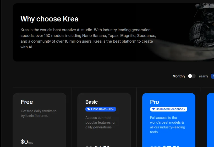 Тарифная страница Krea с бесплатным планом для генерации изображений