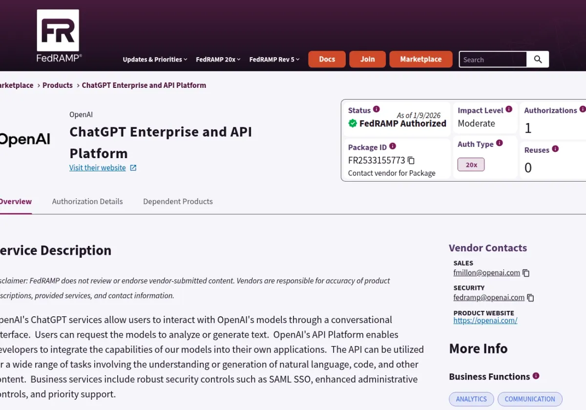 OpenAI FedRAMP: страница FedRAMP Marketplace для ChatGPT Enterprise и API Platform со статусом Moderate